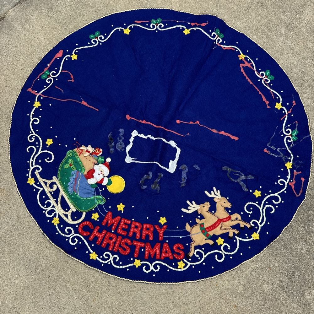 Vtg 90s Bucilla Felt Santa Sled Round Xmas Tree Skirt Completed-CRAFT PROJECT